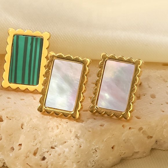 White Shell Rectangle 18K Gold Plated Stainless Steel Stud Earrings - Picture 4 of 6